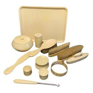 Vintage 13-Piece Ivory Celluloid Vanity Set with Brushes Jars & Tray